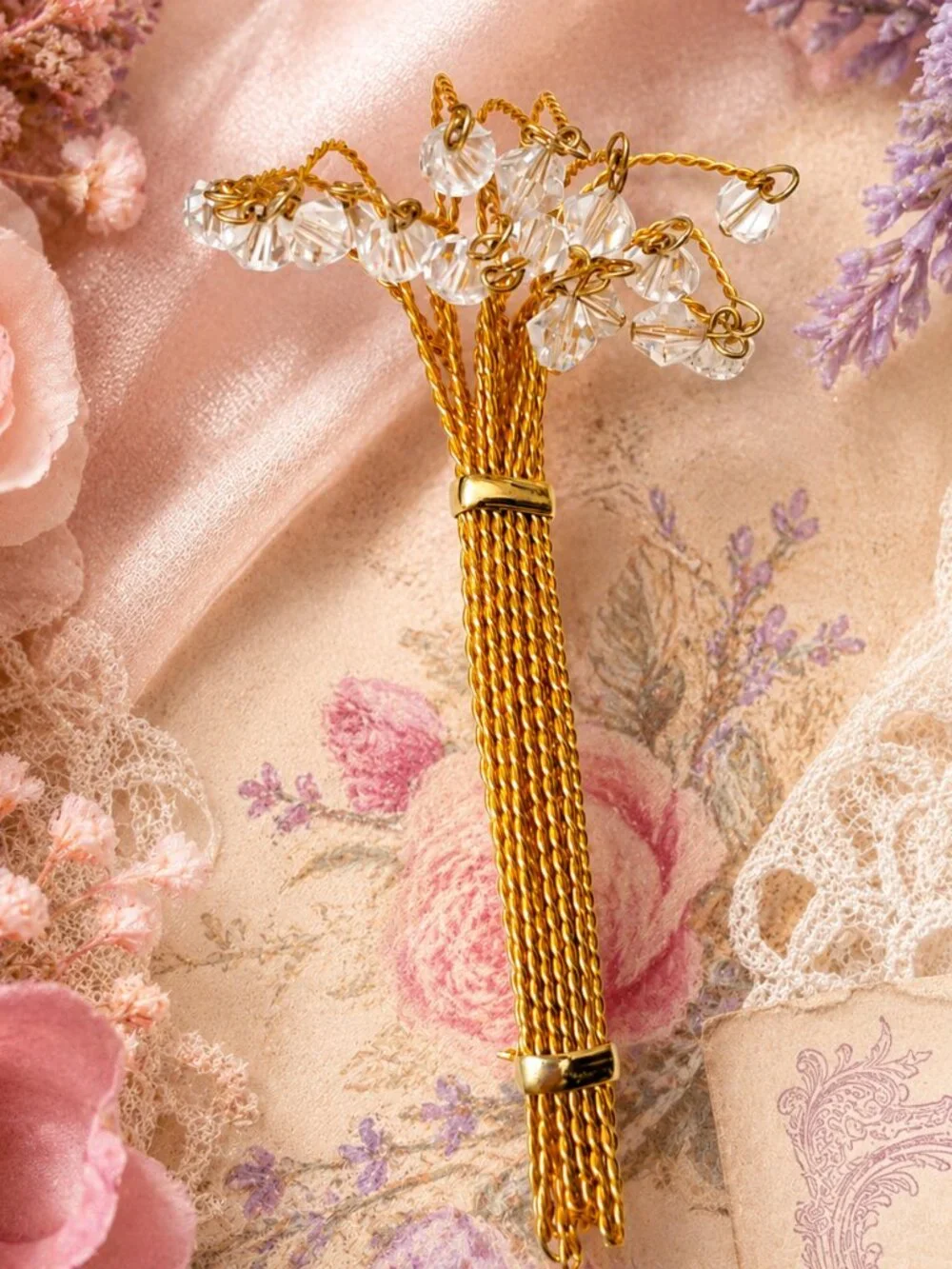 VINTAGE Fountain Spray Brooch: Gold Plate Crystal Dangle Statement Jewelry